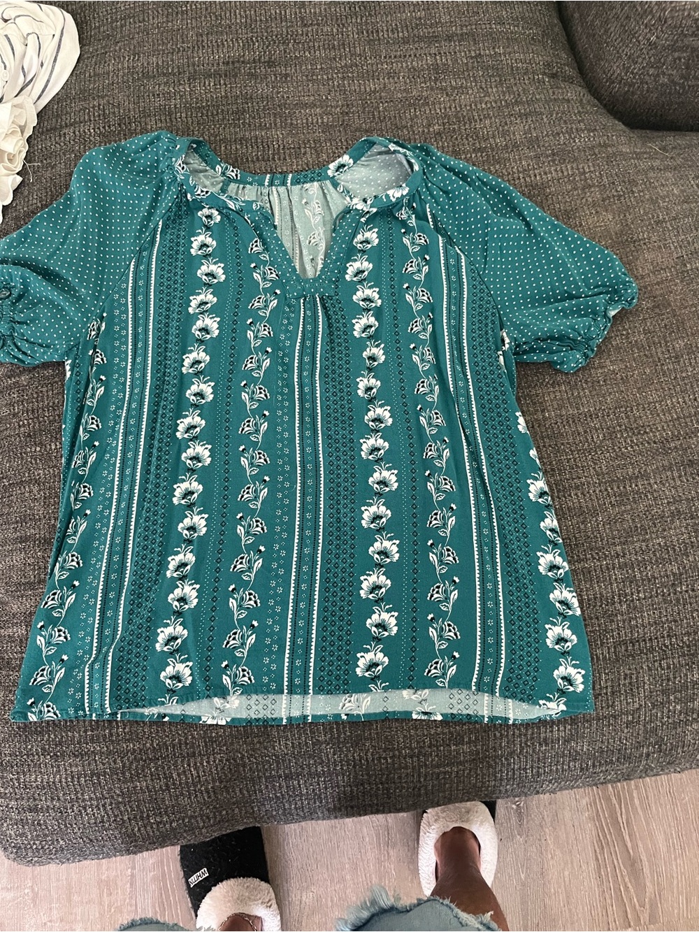Daniel Rainn Teal Floral Stripe Split-Neck Blouse